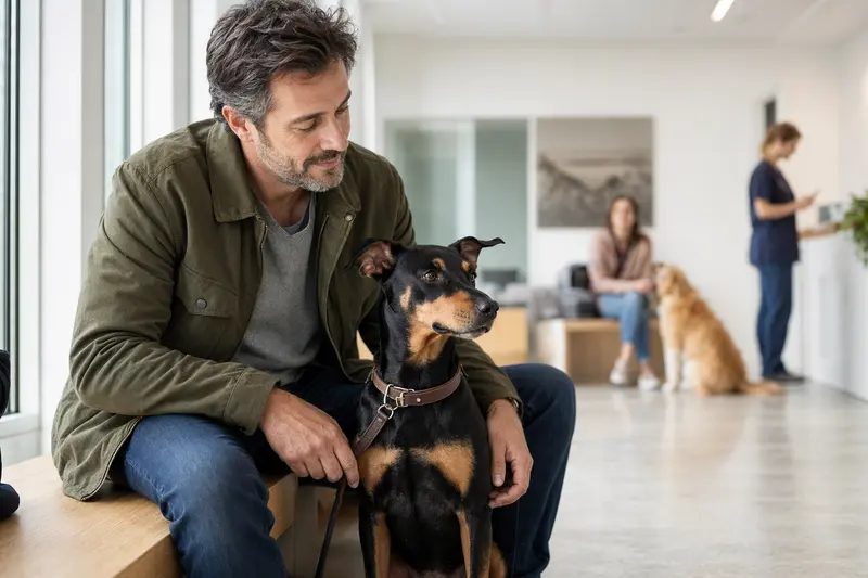Ein Deutscher Pinscher sitzt ruhig neben seinem Besitzer im Wartezimmer einer modernen Tierarztpraxis.